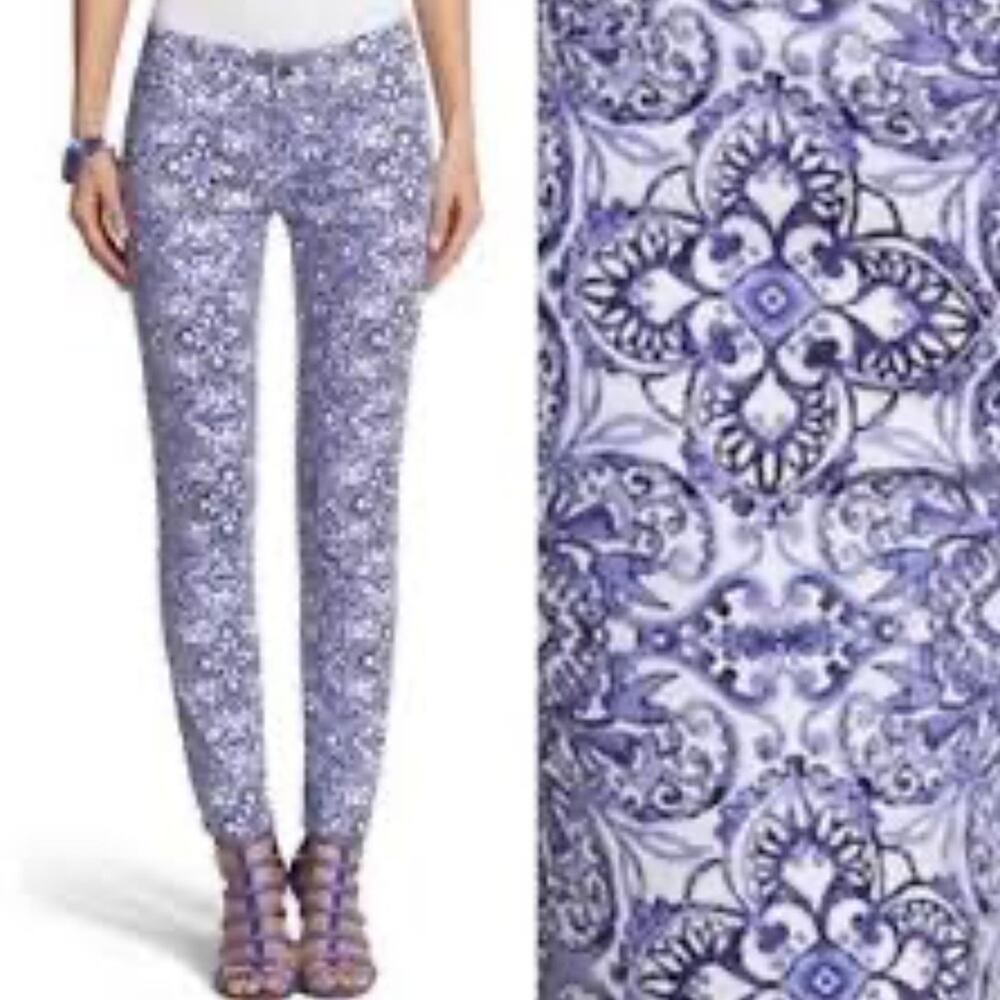 UEC WHITE HOUSE BLACK MARKET Blue & White Print Slim Ankle Denim Jeans Sz 6R